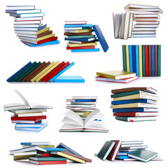 Collage of different books on white background