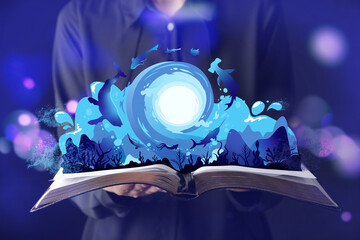 Woman holding book with drawn magic world on dark color background