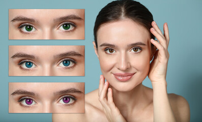 Portrait of beautiful woman with different color contact lenses on blue background