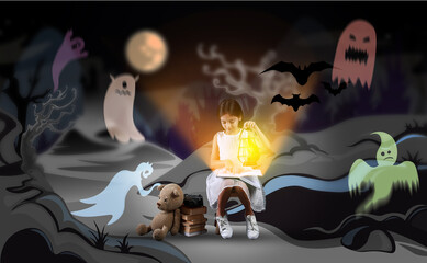 Cute little girl with lantern reading magic book in drawn creepy forest