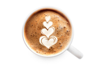 Cup of hot latte coffee on white background