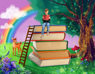 Little boy sitting on stack of books in wonderland