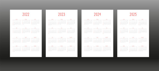 2022 2023 2024 2025 calendar for personal planner diary notebook, cute minimalists style. individual schedule calendar for notebooks. Week starts on sunday