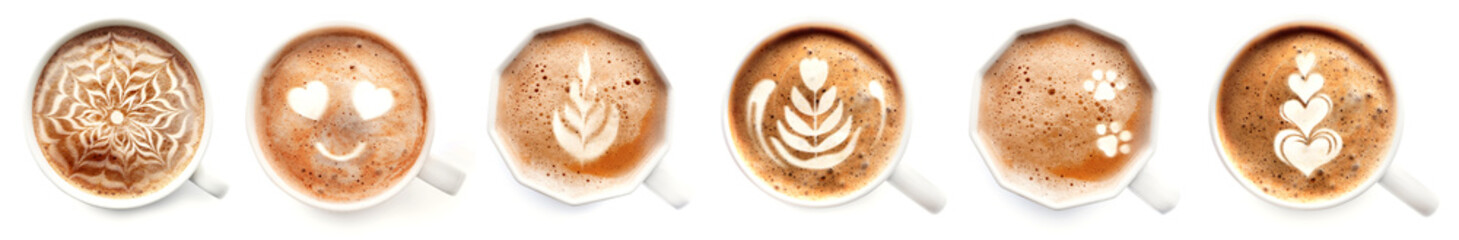 Cups of hot latte coffee on white background