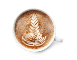 Cup of hot latte coffee on white background