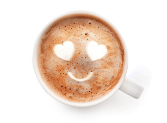 Cup of hot latte coffee on white background