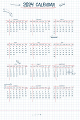 2024 calendar weekly planner and to do list. hand drawn font type text and elements, school note style, checkered notebook sheet with lineart arrows and frames.