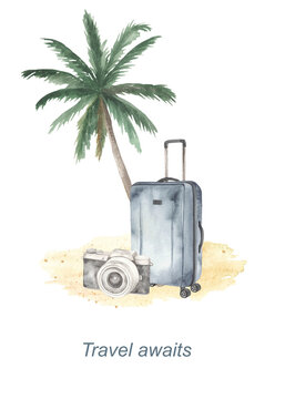 Watercolor card Travel await with palm tree, camera, suitcase