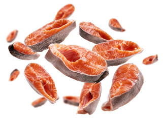 Fresh trout steaks in the shape of a heart on a white background
