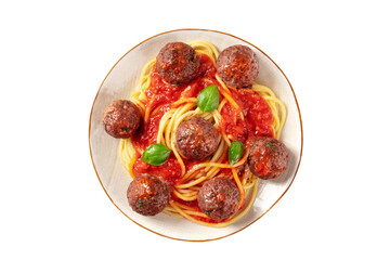 Meatballs with tomato sauce and pasta, isolated on a white background with a clipping path