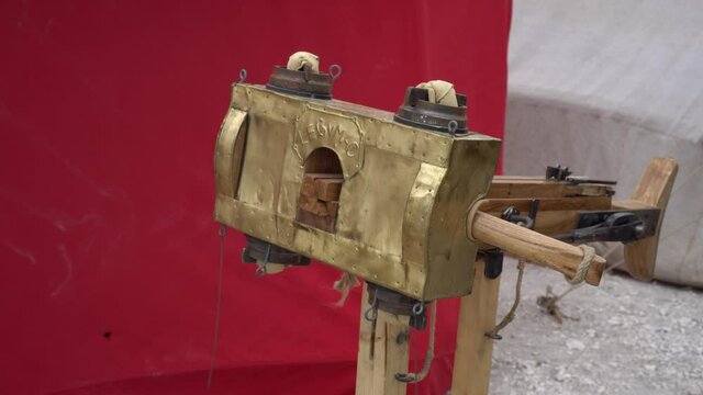 The Xanten-Wardt Roman torsion bolt-shooting catapult. Roman Siege artillery Weapons. Military of ancient Rome
