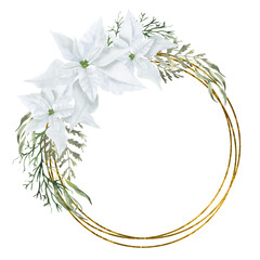 Watercolor floral wedding invitation card with white flowers, green leaves, eucalyptus leaves. Botanical template with golden frame and flowers for invite, greeting and covers, poligraphy.