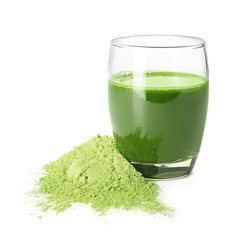 Glass with fresh wheatgrass juice and powder on white background