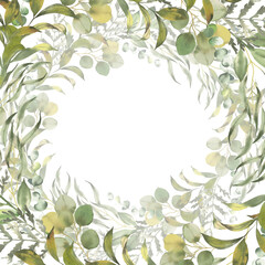 Watercolor greenery wedding invitation card with green leaves, eucalyptus leaves. Floral wreath. Greenery frame. Botanical template for invite, greeting and covers, poligraphy.