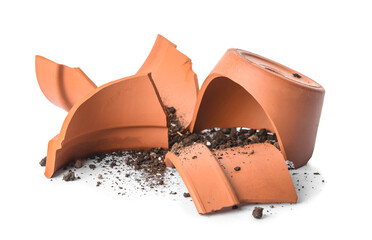 Broken flower pot on white background