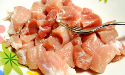 raw meat and fork in a white plate close up