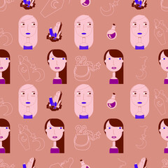 Vector illustration pattern in beige color. Mystical women, exotic women. Vector templates for postcards, posters, flyers and other users. Flat vector design style.