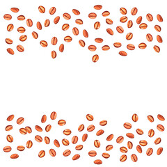 Scattered roasted coffee beans on the top and bottom edges. Watercolor hand drawn illustration of a menu or packaging template