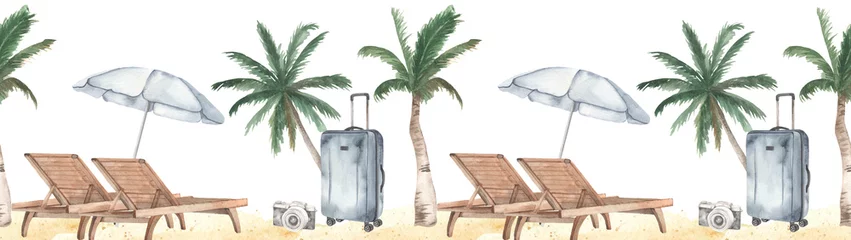 Foto op Plexiglas Watercolor seamless border beach vacation with beach loungers, palm trees, beach umbrella, suitcase, camera © MarinaErmakova