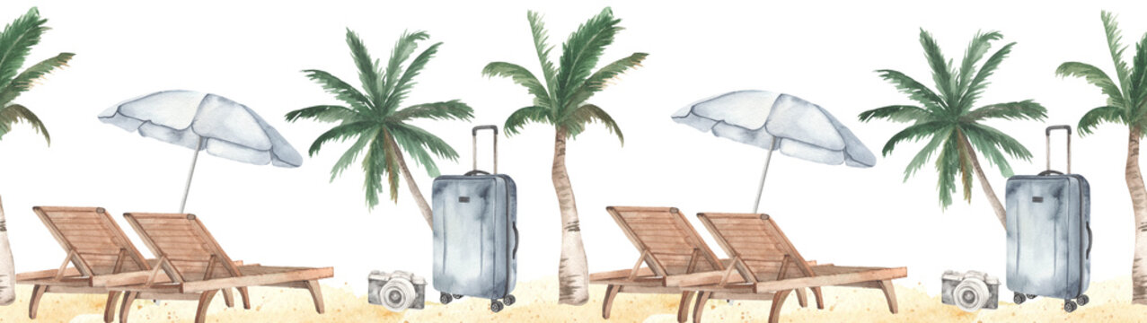Watercolor seamless border beach vacation with beach loungers, palm trees, beach umbrella, suitcase, camera