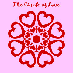 Circle of love motif in red heart shapes on a pink background, vector illustration