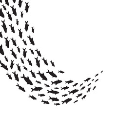 Obraz premium Silhouettes school of fish with marine life of various sizes swimming fish flat style design vector illustration. Colony of big and small sea animals.