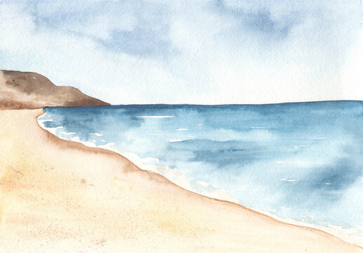 Beach by the sea with mountains on the horizon in watercolor
