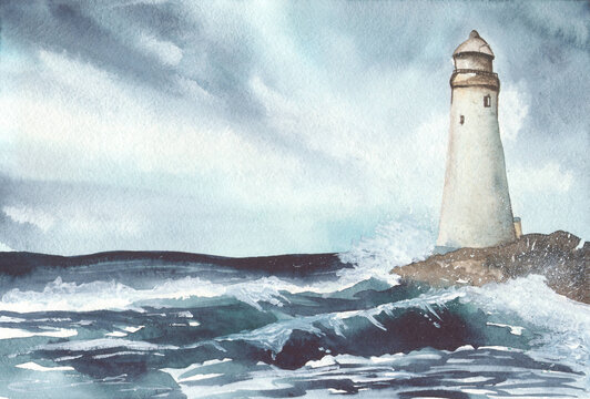 Lighthouse on the cliff in watercolor