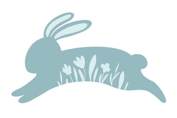 easter bunny. blue silhouette of a rabbit with spring flowers. festive color illustration. 