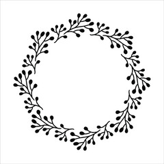 Vector hand drawn spring wreath isolated on white background. Silhouette circle of leaves. Doodle style. Floral frame.