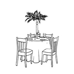 Beautiful round table for four persons - vector illustration in sketch style. Hand Drawn Line Drawing Trace Doodle - Wedding Table Waiting for Guests (No People)