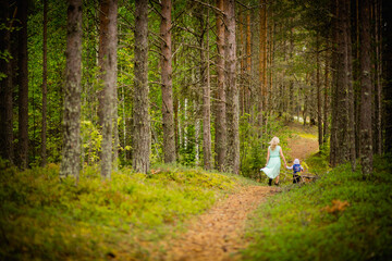 a girl in a green dress walks through a pine forest, selective focus