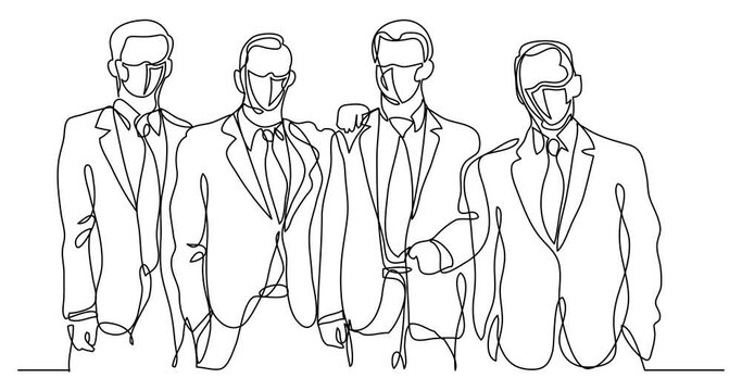 Self drawing continuous line animation of businessmen team wearing face masks