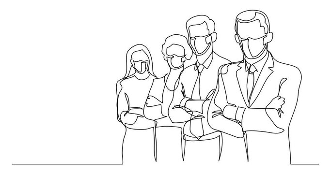 Self drawing continuous line animation of business team wearing face masks