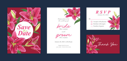 Beautiful lilies flower background template. Vector set of floral element for wedding invitations, greeting card, envelope, voucher, brochures and banners design.