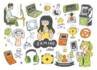 Set of video game doodle vector illustration © mhatzapa