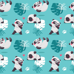 Cute seamless pattern with Panda Bears, leaves and plants.