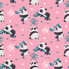 Cute seamless pattern with Panda Bears on Bamboo branches, leaves and plants.