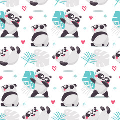 Cute seamless pattern with Panda Bears, leaves and plants.