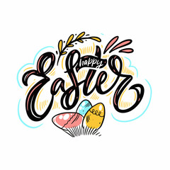 Vibrant Happy Easter lettering surrounded by colorful eggs, creating a cheerful and festive atmosphere. This vector artwork serves as a delightful postcard to spread Easter joy.