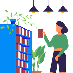 Girl puts a book in a bookcase, reading as a hobby. Girl with a book at the bookshelf, bookworm