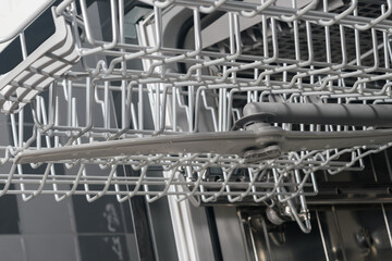 empty basket of dishwasher bottom view, close-up