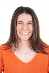 Portrait of a smiling brunette brown hair young woman with smile happiness in face