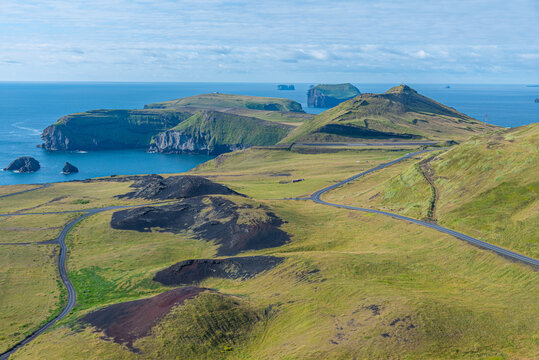 Aerial view of Storhofdi peninsula of Heimaey island in Iceland