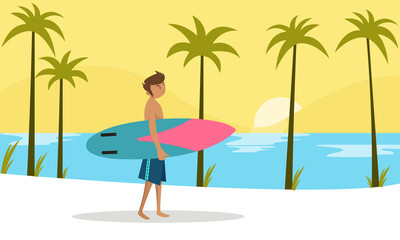 Fototapeta na wymiar Surfing boy cartoon character. Vector illustration.