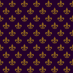 Seamless background of Mardi Gras. Yellow heraldic lilies in a checkerboard pattern on a dark purple background. A symbolic image of a flower. Vector illustration isolated for design and web.
