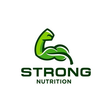 nutrition logo with strong arm and leaf icon illustration vector template for healthy vitamin product, medical super food logo with strong hand symbol