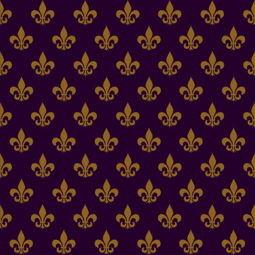 Seamless background of Mardi Gras. Yellow heraldic lilies in a checkerboard pattern on a dark purple background. A symbolic image of a flower. Vector illustration isolated for design and web.