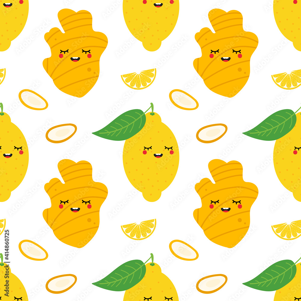 Wall mural cute cartoon style vector ginger and lemon characters vector seamless pattern background.