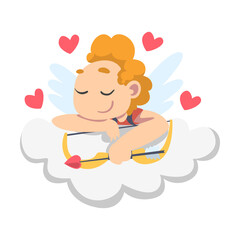 Cute Happy Cupid Boy with Wings Sleeping on Cloud, Lovely Kid Angel Character Cartoon Style Vector Illustration